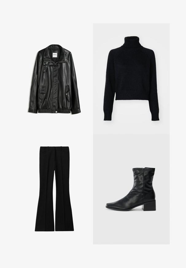 Schwarze Lederjacke mit Reißverschluss vorne, Knopfverschluss, zwei seitlichen Taschen und elastischem Saum. Verfügt über einen strukturierten Kragen und eine glatte Textur.; Dunkel gestrickter Rollkragenpullover mit cropped Design, ausgestattet mit gerippten Bündchen und Saum sowie einem strukturierten Gewebe.; Reiss GABI FLARED - Stoffhose - black; Schwarze Lederstiefelette bis zur Wade mit quadratischer Zehenform, seitlichem Reißverschluss und Blockabsatz auf einem schlichten weißen Hintergrund.