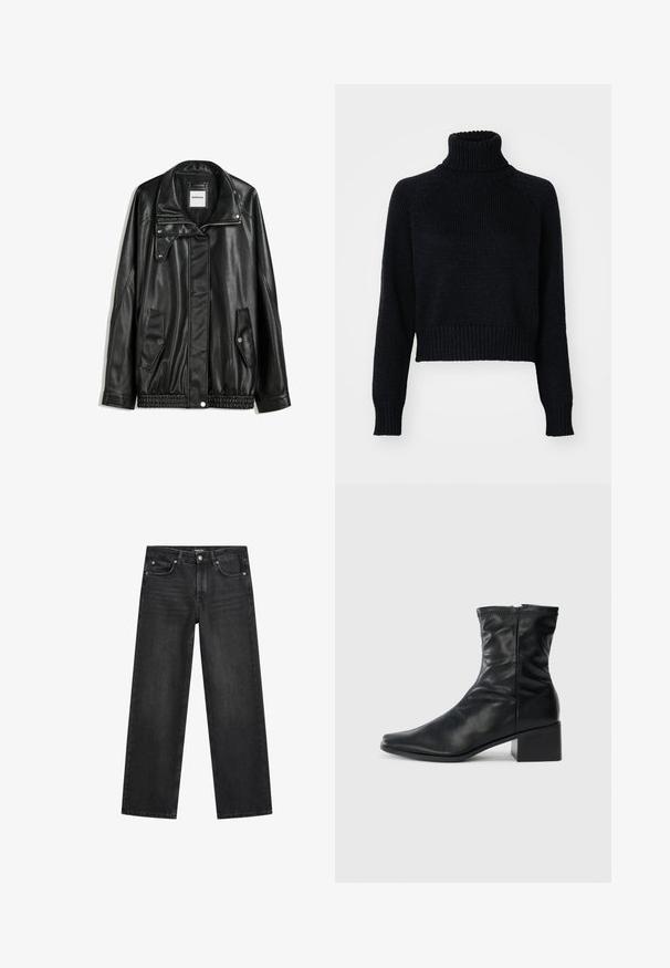 Schwarze Lederjacke mit Reißverschluss vorne, Knopfverschluss, zwei seitlichen Taschen und elastischem Saum. Verfügt über einen strukturierten Kragen und eine glatte Textur.; Dunkel gestrickter Rollkragenpullover mit cropped Design, ausgestattet mit gerippten Bündchen und Saum sowie einem strukturierten Gewebe.; Weite Jeans aus dunkelgrauem Denim. Verfügt über fünf Taschen, einen Knopfverschluss und dezente Waschungen an den Oberschenkeln. Klassisches Design.; Schwarze Lederstiefelette bis zur Wade mit quadratischer Zehenform, seitlichem Reißverschluss und Blockabsatz auf einem schlichten weißen Hintergrund.