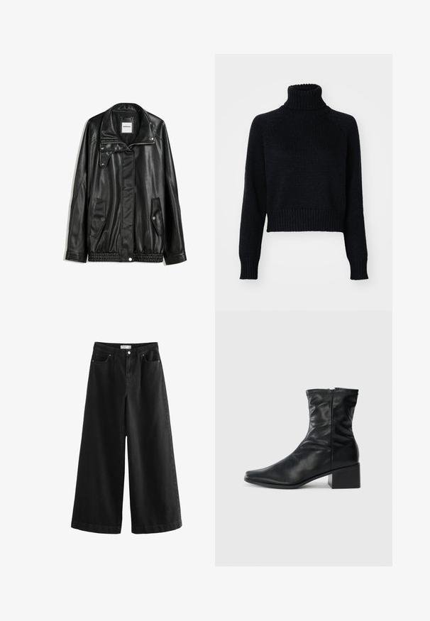 Čierna kožená bunda s predným zipsom, skladacím zapínaním, dvoma bočnými vreckami a elastickým spodným okrajom. Má štruktúrovaný golier a hladkú textúru.; Tmavý pletený rolák so skráteným strihom, s rebrovanými manžetami a spodným lemom a textúrovaným tkaním po celej ploche.; Čierne široké džínsy vyrobené z denimu, so zvýšeným pásom, piatimi vreckami a čistým zakončením. Tkanina má hladkú textúru, s minimálnymi akcentmi.; Čierna kožená čižma po členky so štvorcovou špičkou, bočným zipsom a blokovým podpätkom na bielom pozadí.