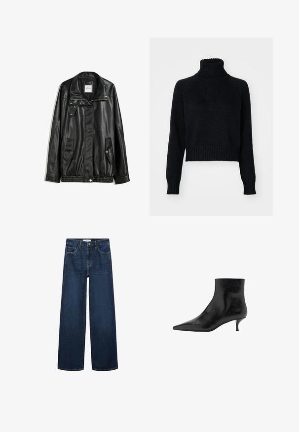 Crna kožna jakna s patentnim zatvaračem sprijeda, zatvaračem na gumbe, dvjema bočnim džepovima i elastičnim rubom. Ima strukturirani ovratnik i glatku teksturu.; Tamni pleteni dukserica s visokom ovratnikom i skraćenim dizajnom, s rebrastim manžetama i donjim rubom, te teksturiranom tkaninom kroz cijeli odjevni predmet.; Široke tamnoplave traperice s visokim strukom, s pet džepova i klasičnim kopčanjem na dugme. Glatka tekstura i ravni kroj.; Crne kožne čizme do gležnja s uskim vrhom, vitkim petom i glatkom teksturom. Jednostavan dizajn, bez dekorativnih aksesoara.