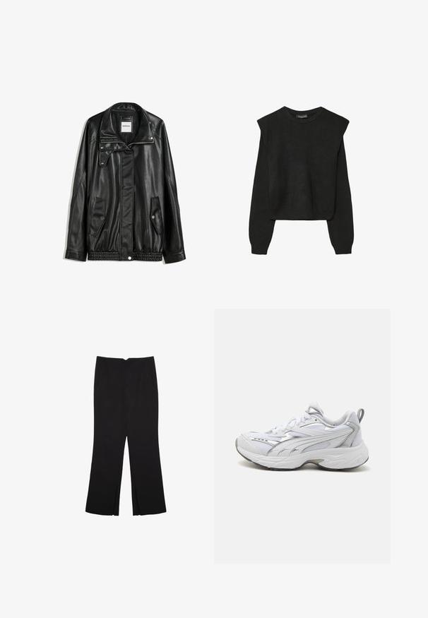Svart läderjacka med dragkedja framtill, tryckknappsstängning, två sidofickor och elastiskt fåll. Har en strukturerad krage och slät yta.; Svart långärmad stickad tröja med vadderade axlar och ribbade muddar och fåll, visad mot en vit bakgrund.; Svarta byxor med rak passform, utrustade med framfickor och sidoklyvningar vid fållen. Tillverkade av mjukt, slätt tyg. Lämpliga för olika tillfällen.; Puma Sneakers - white/silver