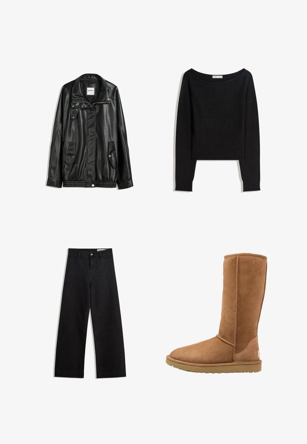 Giubbotto in pelle nera con zip frontale, chiusura a bottoni a pressione, due tasche laterali e orlo elasticizzato. Presenta un colletto strutturato e una texture liscia.; Maglione nero lavorato a maglia con scollo a barca, maniche lunghe e polsini e orlo a coste. Realizzato con materiale morbido e strutturato.; Pantaloni in denim neri a gamba larga con vita alta, dotati di tasche anteriori e posteriori, cuciture a punto, e chiusura con bottone. Texture liscia.; Stivale alto in suede color beige con punta arrotondata e dettagli di cucitura discreti. La suola in gomma offre aderenza, progettato per comfort e calore.