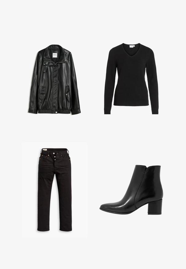 Jachetă din piele neagră cu fermoar frontal, închidere cu capse, două buzunare laterale și tiv elastic. Prezintă un guler structurat și o textură netedă.; Pulover negru cu decolteu în V, realizat dintr-un material moale, având mâneci lungi, tiv și manșete strâmte, cu un design simplu și clasic.; Jeans negre cu picioare drepte, cu închidere cu nasturi, buzunare frontale și laterale, și detalii cu nituri de cupru pe un fundal alb.; Anna Field LEATHER - Botine clasice - black