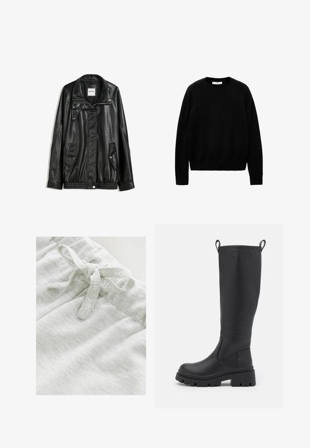 Black leather jacket with zippered front, snap-button closure, two side pockets, and elasticized hem. Features a structured collar and smooth texture.; Black, crew-neck sweater made from soft fabric, featuring long sleeves and a clean, simple design without distinct patterns or accents.; Light gray fabric with a soft texture featuring a bow tie detail made of a matching textured ribbon at the waistband.; Black knee-high boot made of smooth leather with a chunky sole and slight heel. Features pull tabs and elastic side panels for easy wear.