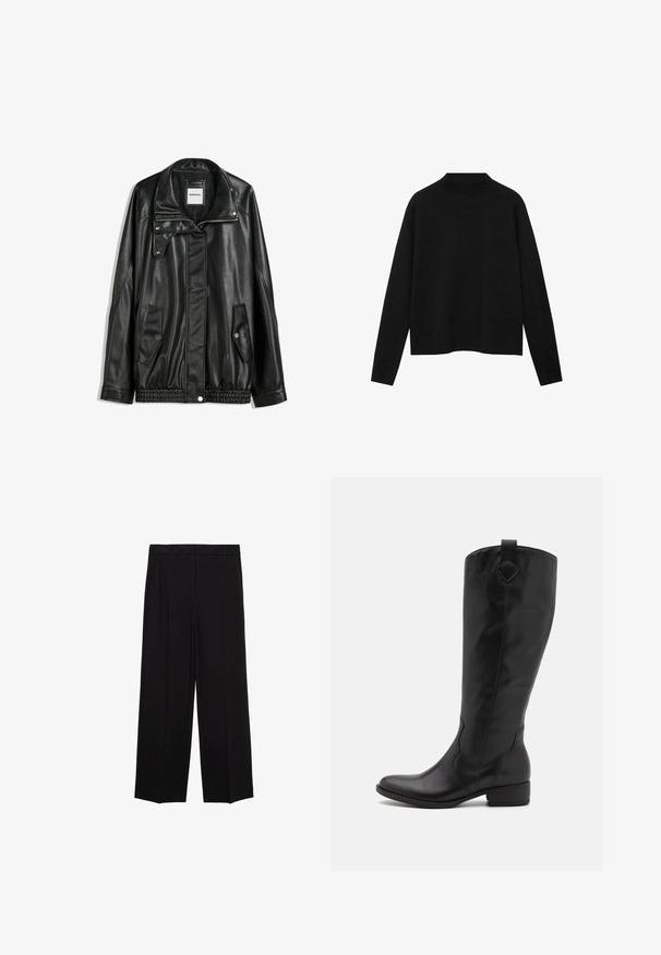 Black leather jacket with zippered front, snap-button closure, two side pockets, and elasticized hem. Features a structured collar and smooth texture.; Black turtleneck sweater made of soft fabric, featuring long sleeves and a relaxed fit, with a clean, minimalistic design.; Black wide-leg trousers with a smooth fabric, featuring pleats at the front and side pockets, designed with a straight, relaxed cut.; Black leather knee-high boot with a rounded toe, low block heel, and decorative seam details. Features a pull tab at the back for easy wear.
