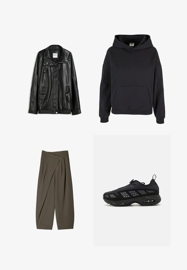 Černá kožená bunda s zipovým zapínáním, zapínáním na cvoky, dvěma bočními kapsami a elastickým lemem. Obsahuje strukturovaný límec a hladkou texturu.; Černá bavlněná mikina s prostornou klokankou, velkou kapucí, žebrovanými manžetami a lemem. Jednoduchý design na přes hlavu bez viditelných vzorů.; Široké kalhoty z tmavě olivově zelené látky, s plisovaným předním designem, knoflíkovým uzávěrem a lesklým, strukturovaným povrchem.; Černá sportovní bota s polstrovanou podrážkou, přes síťovanou svrchní část a texturovanými prvky. Obsahuje poutko a kulatý zapínací prvek na vrchu.