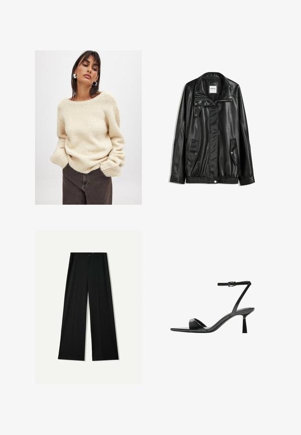 Zwarte leren jas met rits aan de voorkant, drukknopen-sluiting, twee zijzakken en elastische onderrand. Beschikt over een gestructureerde kraag en een gladde textuur.; Beige, gebreide trui met een wijde halslijn en geribbelde manchetten, gecombineerd met donkerbruine broek. Zachte, gestructureerde stof zichtbaar.; Bershka WIDE - Broek - black; Bershka Sandalen met hoge hak - black