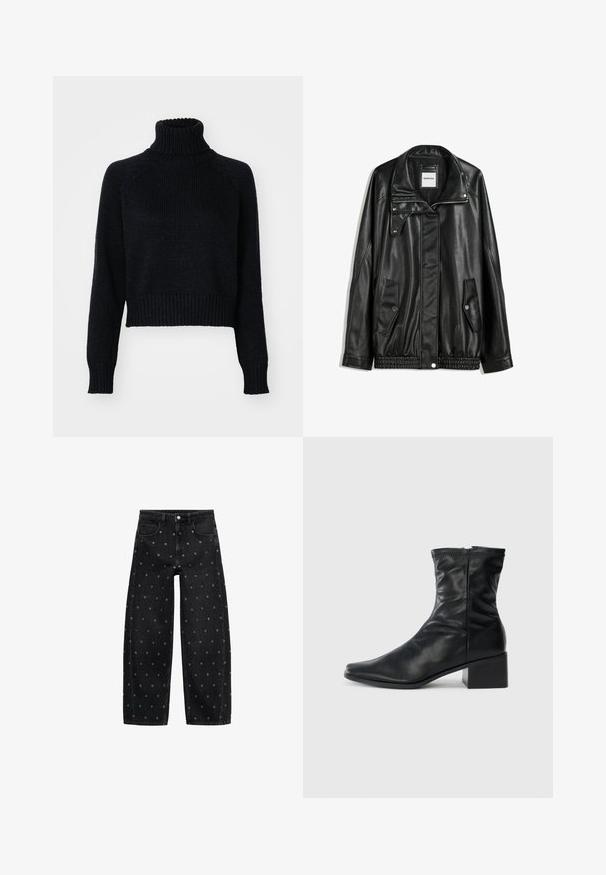 Giubbotto in pelle nera con zip frontale, chiusura a bottoni a pressione, due tasche laterali e orlo elasticizzato. Presenta un colletto strutturato e una texture liscia.; Maglione scuro a collo alto con design cropped, dotato di polsini e orlo a coste, e una trama testurizzata in tutto il capo.; Jeans a gamba larga in denim nero con un motivo di piccoli occhielli in argento, dotati di un classico design a cinque tasche e chiusura con bottone.; Stivale in pelle nera al polpaccio con punta quadrata, zip laterale e tacco a blocco su uno sfondo bianco semplice.