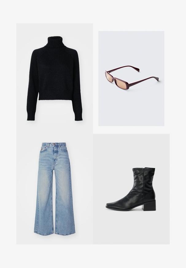 Mustat nahkatakki vetoketjulla edessä, napilla suljettava, kahdella sivutaskulla ja elastisella helmalla. Ominaisuuksiin kuuluu muotoiltu kaulus ja sileä pinta.; Tumman värinen neulottu poolopaita, jossa on lyhennetty malli, resorihihansuut ja -helma sekä teksturoitu kudonta kauttaaltaan.; LOIS Jeans SKATER LOOSE - Leveälahkeiset - jackson dirty vintage; Mustat nahkasaappaat, jotka ulottuvat keskileiluun, neliskanttinen kärki, sivuvetoketju ja paksu korko, valkoista taustaa vasten.; Burgundy aurinkolasit suorilla kehyksillä, joissa on gradienttilinssit ja elegantit sangan osat. Materiaali on sileä ja kiiltävä.; Ruskea nahkalaukku, kaareva muoto, yksi kantokahva, vetoketjusuljenta, teksturoitu pinta, jossa on hieman kiiltoa. Kompakti ja minimalistinen muotoilu.