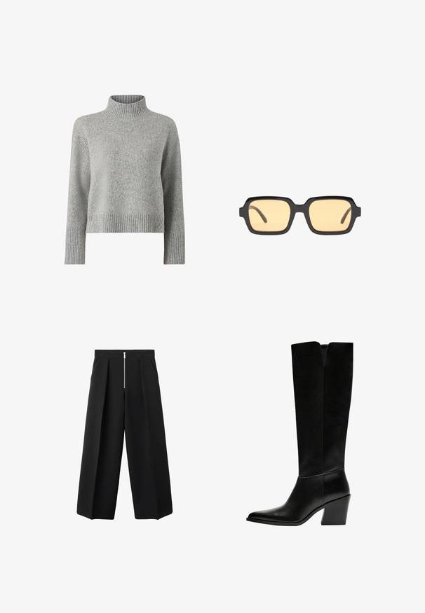 Czarna skórzana kurtka z zamkiem błyskawicznym z przodu, z zapięciem na napy, dwoma bocznymi kieszeniami i elastycznym dołem. Ma wyprofilowany kołnierz i gładką teksturę.; Szary sweter z dzianiny, z golfem i prążkowanymi mankietami, o luźnym, skróconym kroju i miękkiej fakturze.; Czarne spodnie o szerokich nogawkach z fałdami z przodu i widocznym srebrnym zamkiem błyskawicznym w talii, płaski przód i boczne kieszenie.; Czarne kozaki do kolan wykonane z gładkiej skóry, z ostro zakończonym noskiem, blokowym obcasem i wycięciem w kształcie litery V na górze.; Czarne prostokątne okulary przeciwsłoneczne z żółtymi szkłami, lekką oprawą i charakterystycznie prostymi krawędziami na zausznikach. Gładkie, błyszczące wykończenie.