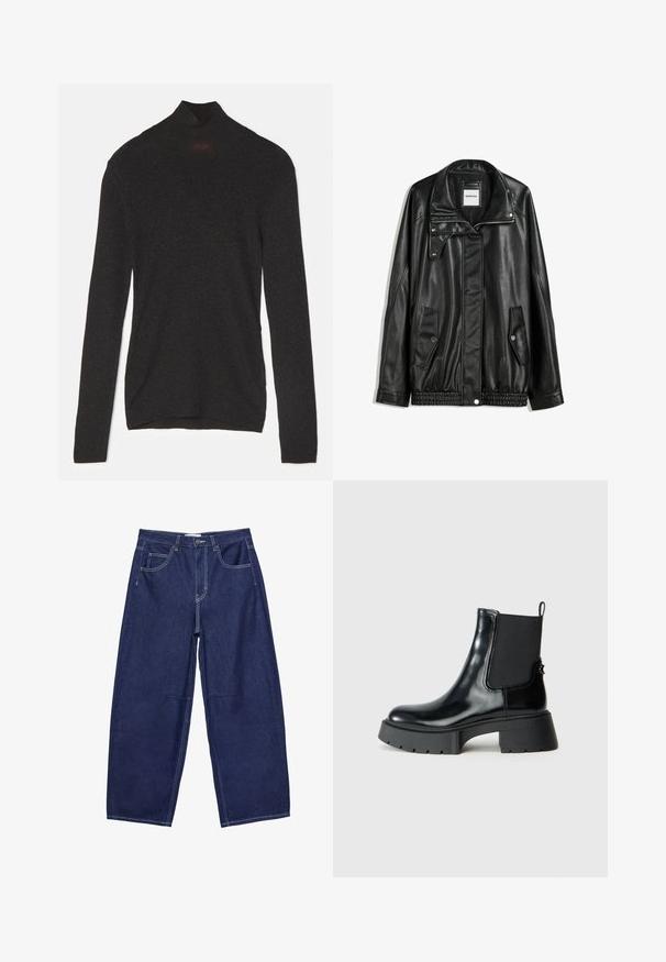 Schwarze Lederjacke mit Reißverschluss vorne, Knopfverschluss, zwei seitlichen Taschen und elastischem Saum. Verfügt über einen strukturierten Kragen und eine glatte Textur.; Schwarzes Langarm-Turtleneck aus weichem Stoff mit subtiler Glanzoptik. Hat eine figurbetonte Silhouette und ein hohes Kragen-Design.; Dunkelblaue Jeansweite Hosen mit hoher Taille, fünf Taschen und kontrastierenden weißen Nähten. Glatte Textur, klassisches Design.; Schwarze Knöchelstiefel aus glänzendem Leder mit elastischen Seiteneinsätzen, einem Zugtab und einer robusten Gummisohle mit strukturiertem Profil.