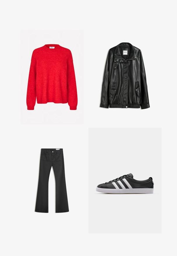 Veste en cuir noir avec fermeture éclair à l'avant, patte de boutonnage, deux poches latérales et ourlet élastiqué. Elle présente un col structuré et une texture lisse.; Envii ADA - Pullover - salsa melange; Jean noir évasé en denim avec une texture lisse, comportant deux poches arrière et une fermeture boutonnée à la taille.; Baskets en cuir noir avec un design à trois bandes blanches, bout arrondi, semelle plate en caoutchouc blanc et détail de marque sur le côté.