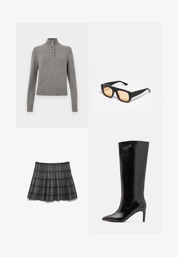 Zwarte leren jas met rits aan de voorkant, drukknopen-sluiting, twee zijzakken en elastische onderrand. Beschikt over een gestructureerde kraag en een gladde textuur.; Grijze gebreide trui met een hoge geribbelde kraag, voorzien van een gedeeltelijke knoopsluiting en geribbelde zoom en manchetten voor een aansluitende look.; Zwart en grijs geruite geplooide rok met een gladde textuur, met verticale en horizontale lijnen voor een gestructureerd ontwerp.; Call it Spring RHODDE - Laarzen met hoge hak - black; Zwarte vierkante zonnebrillen met oranje-tint lenzen. Mat afwerking met dikke monturen. Rechte pootjes zonder versieringen.