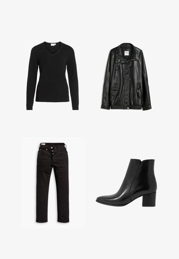 Czarna skórzana kurtka z zamkiem błyskawicznym z przodu, z zapięciem na napy, dwoma bocznymi kieszeniami i elastycznym dołem. Ma wyprofilowany kołnierz i gładką teksturę.; Czarny sweter V-neck z miękkiego materiału, z długimi rękawami, ribbowym dołem i mankietami, o prostym i klasycznym wzorze.; Czarne dżinsy o prostych nogawkach z zapięciem na guziki, kieszeniami z przodu i z tyłu oraz miedzianymi nitami na białym tle.; Anna Field LEATHER - Botki