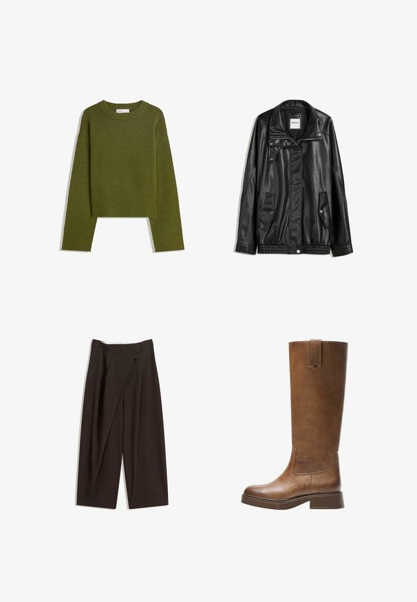 Fekete bőrkabát cipzáros elejével, patentos záródással, két oldalsó zsebbel és elasztikus aljjal. Struktúrált gallérral és sima textúrával rendelkezik.; Olívazöld kötött pulóver kerek nyakkal, hosszú ujjakkal és bordázott aljjal. Rövidített fazonú, lágy, texturált felülettel rendelkezik.; Sötétbarna, bő szárú nadrág magas derékkal, egyetlen gombos záródással és redős elülső résszel. Könnyű anyagból készült.; Barna bőr, térd fölé érő csizma kerek orral, texturált felülettel és alacsony, stakolt sarokkal. Oldalsó panel és húzóhurok található a tetején.