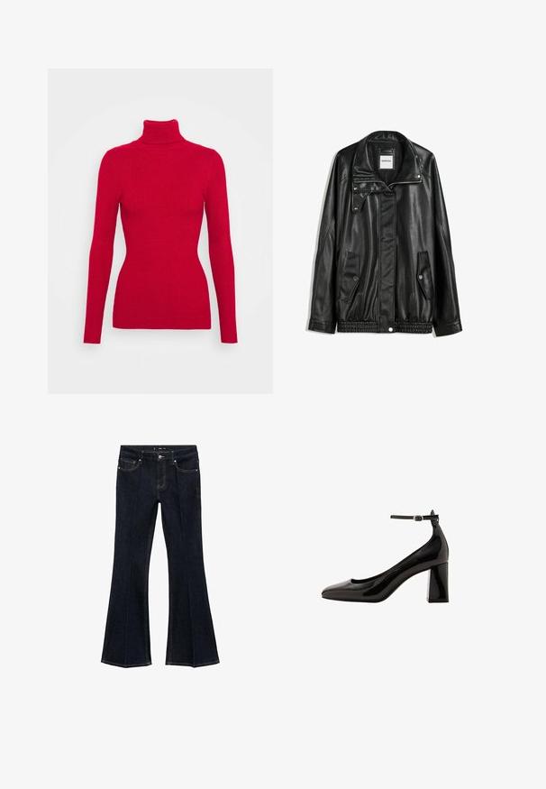 Čierna kožená bunda s predným zipsom, skladacím zapínaním, dvoma bočnými vreckami a elastickým spodným okrajom. Má štruktúrovaný golier a hladkú textúru.; Červený rebrovaný rolák s dlhými rukávmi, textúrovaná tkanina, priliehavý strih a vysoký golier. Žiadne viditeľné ozdoby.; Tmavomodré džínsy s vysokým pásom, prednými vreckami a rozšírenými nohavicami, vystavené na bielom pozadí.; Čierne lakované lodičky na členku s lesklým povrchom, špicatou špičkou a širokým blokovým podpätkom. Hladká textura, minimálne detaily.