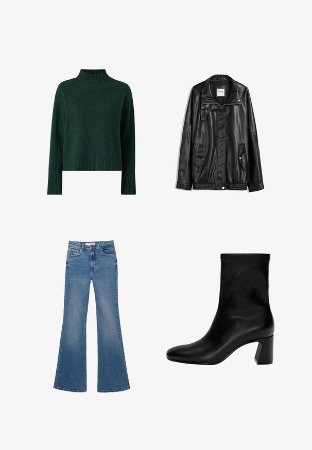 Zwarte leren jas met rits aan de voorkant, drukknopen-sluiting, twee zijzakken en elastische onderrand. Beschikt over een gestructureerde kraag en een gladde textuur.; Ellos Collection Trui - grün; Blauwe denim flared jeans met voor- en achterkantzakken, riemlussen en knoopsluiting, plat gelegd op een witte achtergrond.; Zwarte enkellaars van soepel leer. Heeft een vierkante neus, een elastische bovenkant en een chunky hak voor stabiliteit. Minimalistisch ontwerp.