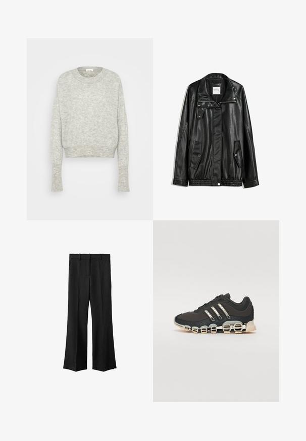 Črna usnjena jakna z zadrgo spredaj, zapiranjem na gumb, dvema stranskima žepoma in elastičnim robom. Ima strukturiran ovratnik in gladko teksturo.; Svetlo siva skrajšana majica iz mehke pletenine. Ima okroglo ovratnico in dolge rokave z rebrastimi robovi. Diskretna tekstura po celotni površini.; Črne široke hlače z ravnim sprednjim delom, predpasnikom in dvema stranskima žepoma. Narejene iz teksturirane tkanine, s prilagojenim krojem.; Črne športne čevlje z teksturiranim zgornjim delom, tremi srebrnimi črtami in značilno blažilno podplatom, ki vključuje več integriranih delov.