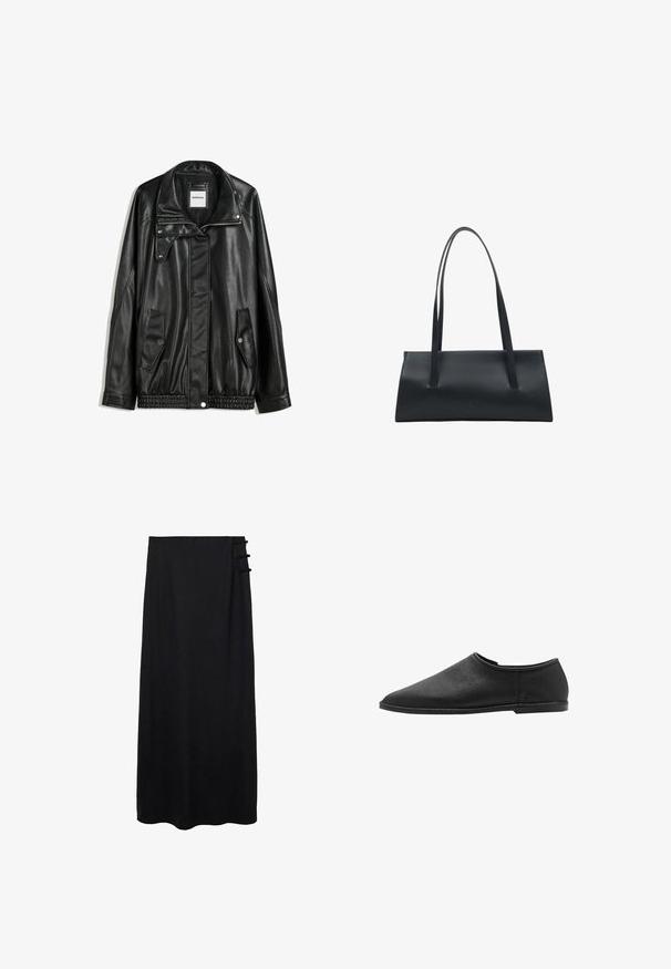 Schwarze Lederjacke mit Reißverschluss vorne, Knopfverschluss, zwei seitlichen Taschen und elastischem Saum. Verfügt über einen strukturierten Kragen und eine glatte Textur.; Schwarzes Spaghettiträgershirt mit verstellbaren Trägern, verziert mit Spitzenbesatz entlang des Rundhals- und Saumbereichs. Hergestellt aus einem weichen, durchsichtigen Stoff.; Schwarzer Maxikleid mit glatter Textur, ausgestattet mit einem seitlichen Verschluss mit drei Schlaufenakzenten für zusätzliche Details. Bodentiefe Ausführung.; Schwarzer Leder Slipper mit runder Spitze und minimalistischem Design. Verfügt über eine glatte Textur und eine flache Gummisohle.; ESTRO Z DŁUGIMI RĄCZKAMI - Handtasche - black