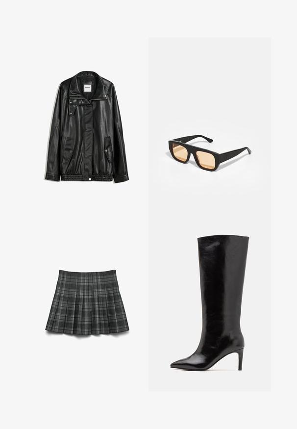 Veste en cuir noir avec fermeture éclair à l'avant, patte de boutonnage, deux poches latérales et ourlet élastiqué. Elle présente un col structuré et une texture lisse.; Chemise en denim bleu foncé avec un bouton sur le devant, deux poches poitrine, des boutons-pression et des coutures contrastées le long des coutures.; Jupe plissée en tartan noir et gris avec une texture lisse, présentant des lignes verticales et horizontales pour un design structuré.; Call it Spring RHODDE - Bottes à talons hauts - black; Lunettes de soleil carrées noires avec des verres teintés orange. Fini mat avec des montures épaisses. Branches droites sans embellissements.