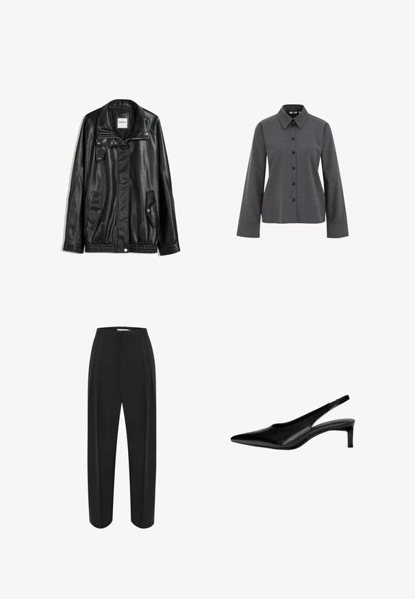 Veste en cuir noir avec fermeture éclair à l'avant, patte de boutonnage, deux poches latérales et ourlet élastiqué. Elle présente un col structuré et une texture lisse.; WE Fashion Chemisier - grey; Pantalons larges noirs à taille haute, avec une texture lisse et deux plis à l'avant. Conçus avec une silhouette épurée et ajustée.; Chaussure slingback en cuir noir avec un bout pointu, un petit talon et un design découpé sur les côtés. Texture lisse avec une apparence élégante.