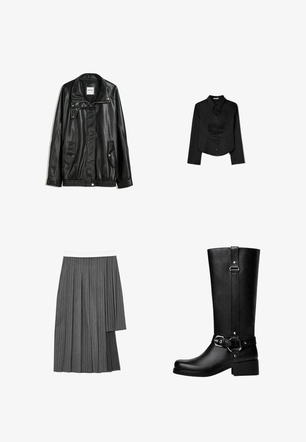 Veste en cuir noir avec fermeture éclair à l'avant, patte de boutonnage, deux poches latérales et ourlet élastiqué. Elle présente un col structuré et une texture lisse.; Chemise noire à manches longues en tissu lisse, avec un col pointu, une fermeture à boutons à l'avant et un ourlet court avec des fentes latérales.; Jupe plissée grise avec ceinture blanche, présentant des rayures verticales, un design superposé et un panneau latéral pour un détail supplémentaire.; Bottes noires en cuir synthétique, avec un bout rond, des détails de boucle de ceinture accentués et un talon épais. Texture lisse et couture verticale sur la tige.