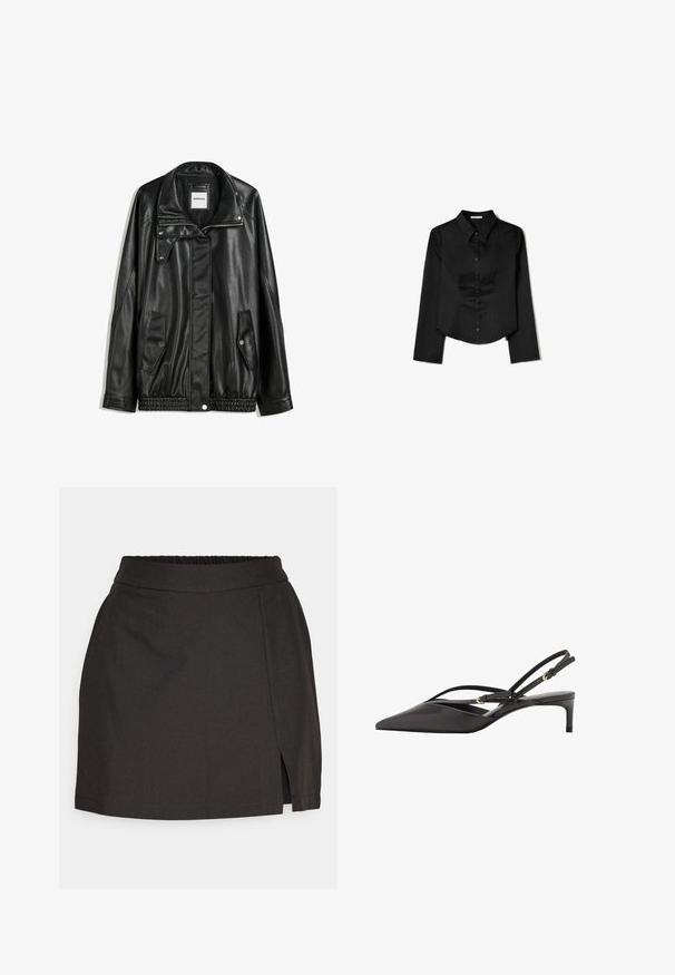 Černá kožená bunda s zipovým zapínáním, zapínáním na cvoky, dvěma bočními kapsami a elastickým lemem. Obsahuje strukturovaný límec a hladkou texturu.; Černá košile s dlouhým rukávem vyrobená z hladké látky, zahrnující špičatý límec, přední zapínání na knoflíky a zkrácený lem se bočními rozparky.; Černá sukně z hladkého materiálu s elastickým páskem, přímým střihem a bočním rozparkem pro snadný pohyb.; Černé kožené lodičky na podpatku s úzkými řemínky kolem kotníku, špičatou špičkou a nízkým jehlovým podpatkem. Hladká textura s minimalistickým designem.