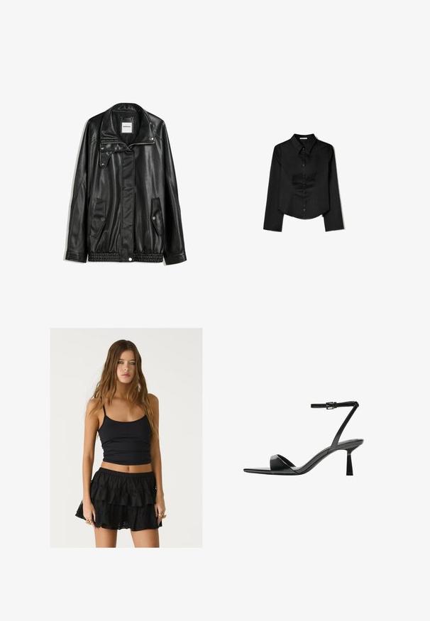 Schwarze Lederjacke mit Reißverschluss vorne, Knopfverschluss, zwei seitlichen Taschen und elastischem Saum. Verfügt über einen strukturierten Kragen und eine glatte Textur.; Schwarzes Langarmshirt aus glattem Stoff, mit spitzem Kragen, vorderem Knopfverschluss und einem gekürzten Saum mit seitlichen Schlitzen.; Schwarzes, dehnbares Tanktop mit dünnen Trägern, kombiniert mit einem schwarzen Rüschensrock, der mit Spitze akzentuiert ist und einen geschichteten Effekt erzeugt.; Bershka High Heel Sandalette - black