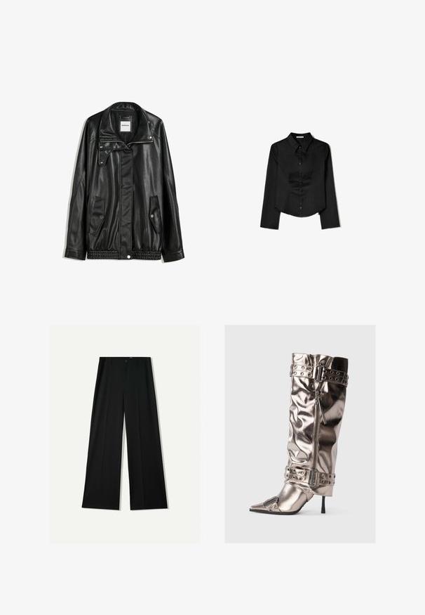 Czarna skórzana kurtka z zamkiem błyskawicznym z przodu, z zapięciem na napy, dwoma bocznymi kieszeniami i elastycznym dołem. Ma wyprofilowany kołnierz i gładką teksturę.; Czarna longsleeve z gładkiego materiału, z wyraźnym kołnierzykiem, z przodem zapinanym na guziki oraz skróconym dołem z bocznymi rozcięciami.; Bershka WIDE czarny; Metaliczne kozaki do kolan z cienkim obcasem w stylu szpilki, spiczastym czubkiem, zamkiem błyskawicznym oraz paskami z ćwiekami. Posiadają pomarszczoną teksturę.