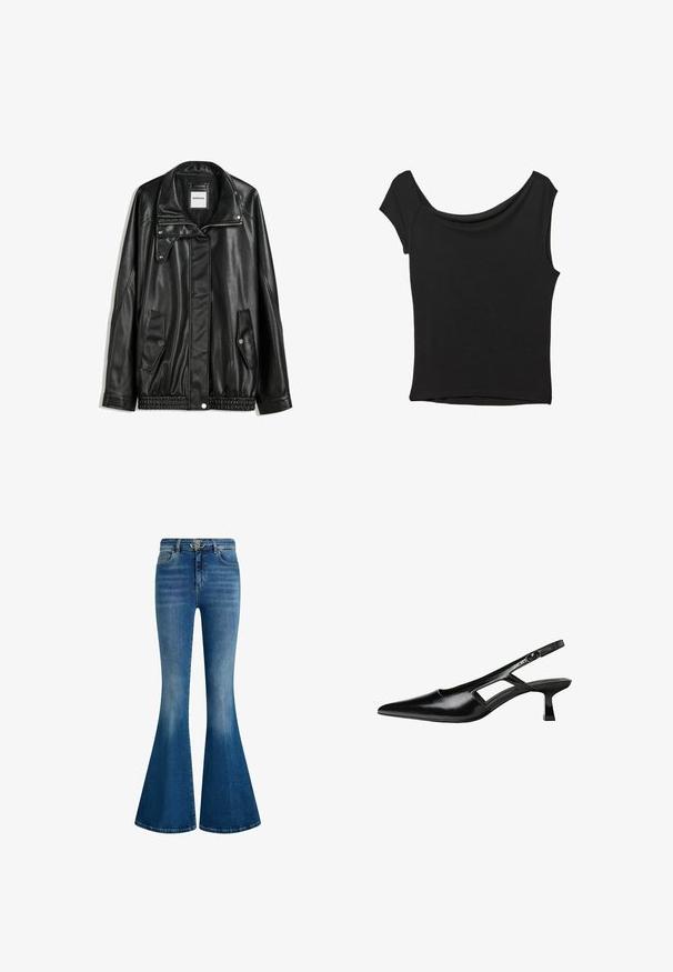 Sort læderjakke med lynlås foran, trykknaplukning, to sidelommer og elastisk kant. Har en struktureret krave og glat overflade.; Sort kortærmet top lavet af glat stof; har en draperet halsudskæring og en asymmetrisk kant, med en tætsiddende pasform.; Blå denim flare jeans med høj talje, guldhardware i taljen og en afdæmpet vask for et distinkt tekstureret udseende.; Sorte patentlæder slingback hæle med spids tå, udskåret sideskærm og en lille firkantet hæl. Glat tekstur med minimale detaljer.