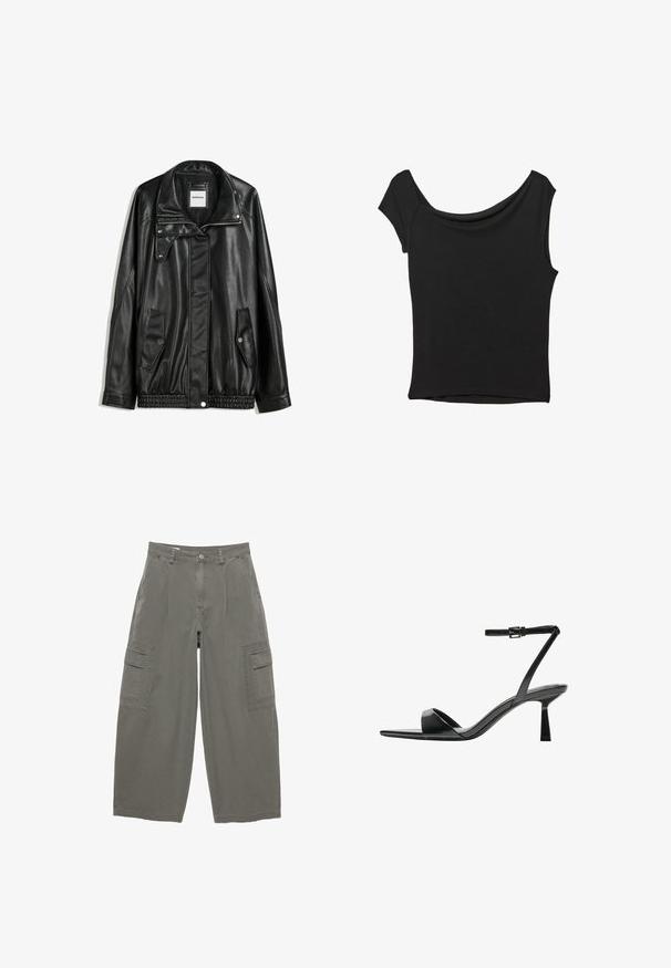 Mustat nahkatakki vetoketjulla edessä, napilla suljettava, kahdella sivutaskulla ja elastisella helmalla. Ominaisuuksiin kuuluu muotoiltu kaulus ja sileä pinta.; Musta lyhythihainen paita, joka on valmistettu sileästä kankaasta; siinä on laskeutuva kaula-aukko ja epäsymmetrinen helma, sekä istuva malli.; Harmaat cargo-housut, joissa on leveät lahkeet, etutaskut ja kaksi sivutaskua flappien kera. Teksturoitu puuvillakangas.; Bershka Korolliset sandaalit - black