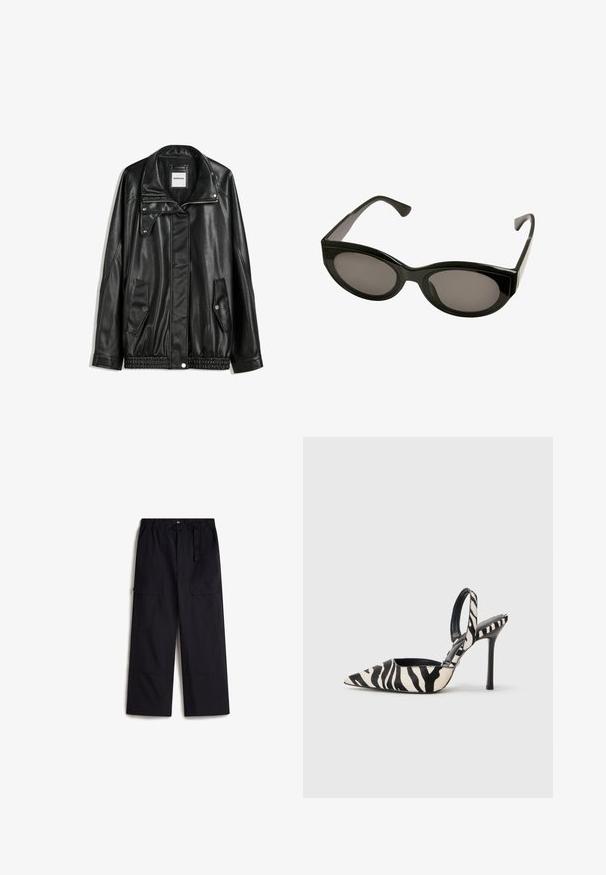 Czarna skórzana kurtka z zamkiem błyskawicznym z przodu, z zapięciem na napy, dwoma bocznymi kieszeniami i elastycznym dołem. Ma wyprofilowany kołnierz i gładką teksturę.; Czarna koszulka na ramiączkach z regulowanymi spaghetti, zdobiona falbaniastym koronkowym wykończeniem przy dekolcie oraz luźnym, miękkim materiałem.; Czarne spodnie cargo z elastycznym paskiem w talii, regulowanym paskiem i dwoma bocznymi kieszeniami. Wykonane z lekkiego, strukturalnego materiału.; Czółenka ze zwężonym przodem w czarno-kremowy wzór zebry, z cienkim wysokim obcasem i otwartym tyłem, z czarnym wnętrzem.; Czarne okulary przeciwsłoneczne o błyszczącym wykończeniu, owalnych soczewkach i kanciastych oprawkach. Projekt charakteryzuje się grubymi zausznikami i smukłą sylwetką.; Brązowa skórzana torebka z okrągłym uchwytem, subtelną fakturą i złotymi detalami; zawiera odpinany pasek na ramię oraz metkę.
