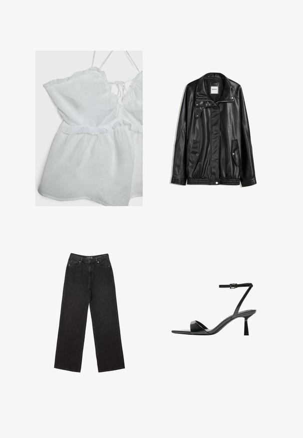 Schwarze Lederjacke mit Reißverschluss vorne, Knopfverschluss, zwei seitlichen Taschen und elastischem Saum. Verfügt über einen strukturierten Kragen und eine glatte Textur.; Weißes ärmelloses Oberteil mit Rüsche, verstellbaren Trägern und gerafftem Bund. Hergestellt aus leichtem Stoff mit weicher Textur.; Schwarze weit geschnittene Jeans aus Denim, mit kleinen gepunkteten Mustern, klassischem Fünf-Taschen-Design und einem Knopf- und Reißverschluss.; Bershka High Heel Sandalette - black