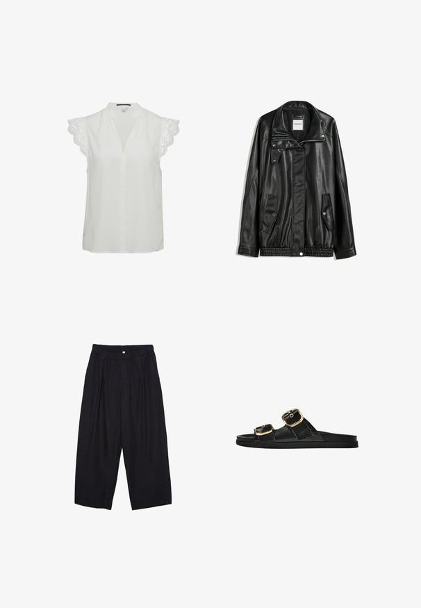 Giubbotto in pelle nera con zip frontale, chiusura a bottoni a pressione, due tasche laterali e orlo elasticizzato. Presenta un colletto strutturato e una texture liscia.; Blusa bianca con scollo a V profondo, maniche corte caratterizzate da un elaborato bordo in pizzo, e una vestibilità rilassata. Tessuto dalla consistenza liscia.; Pantaloni culotte neri in poliestere con una cintura elastica, due pieghe frontali e una silhouette ampia. Nessun motivo visibile o dettagli in metallo.; Infradito neri con due accenti di fibbia dorata, materiale dalla texture liscia, suola piatta e design minimalista.