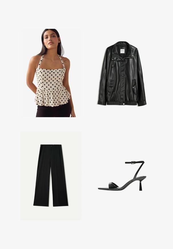 Černá kožená bunda s zipovým zapínáním, zapínáním na cvoky, dvěma bočními kapsami a elastickým lemem. Obsahuje strukturovaný límec a hladkou texturu.; Peplum top z krémové tkaniny s černými puntíky, čtvercovým výstřihem a nastavitelnými ramínky. Má nařasený lem pro tvar.; Bershka WIDE - Kalhoty - black; Bershka Sandály na vysokém podpatku - black