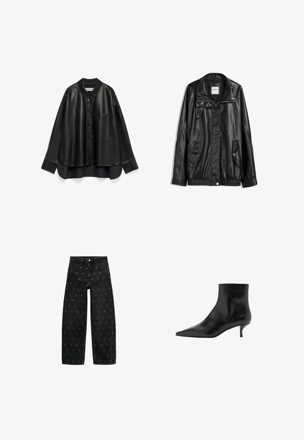 Giubbotto in pelle nera con zip frontale, chiusura a bottoni a pressione, due tasche laterali e orlo elasticizzato. Presenta un colletto strutturato e una texture liscia.; Camicia nera in pelle con colletto a punta, chiusura frontale con bottoni, taschino singolo sul petto, maniche lunghe e vestibilità rilassata, con orlo inferiore a contrasto.; Jeans a gamba larga in denim nero con un motivo di piccoli occhielli in argento, dotati di un classico design a cinque tasche e chiusura con bottone.; Stivale alla caviglia in pelle nera con punta affusolata, tacco a kitten slim e superficie liscia. Design semplice, senza decorazioni.