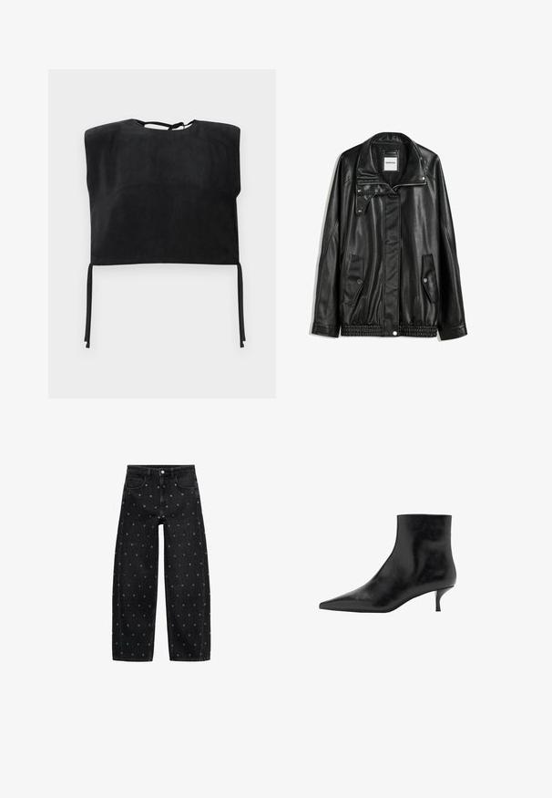 Čierna kožená bunda s predným zipsom, skladacím zapínaním, dvoma bočnými vreckami a elastickým spodným okrajom. Má štruktúrovaný golier a hladkú textúru.; Čierny skrátený top vyrobený z hladkého semišu, s vysokým golierom a viazanými akcentmi na spodnej strane. Jednoduchý, minimalistický dizajn.; Čierne denimové nohavice s voľným strihom a vzorom malých strieborných očiek, so klasickým dizajnom piatich vreciek a zapínaním na gombík.; Čierne kožené členkové topánky s špicatou špičkou, štíhlym podpätkom typu kitten a hladkým povrchom. Jednoduchý dizajn, bez dekoratívnych akcentov.