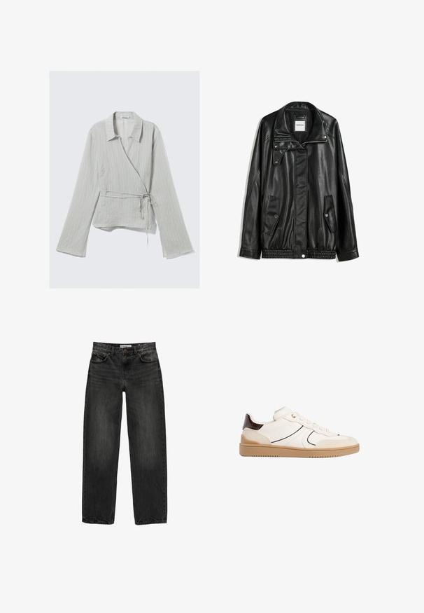 Sort læderjakke med lynlås foran, trykknaplukning, to sidelommer og elastisk kant. Har en struktureret krave og glat overflade.; Lys grå skjorte med omslag, krave, lange ærmer, diskrete striber og en bundet talje detalje. Lavet af et struktureret stof.; Sort denim jeans med en afslappet pasform, lige ben, fem-lomme design og en let falmet tekstur. Knap- og lynlåslukning foran.; Stradivarius Sneakers - white