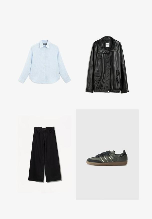 Zwarte leren jas met rits aan de voorkant, drukknopen-sluiting, twee zijzakken en elastische onderrand. Beschikt over een gestructureerde kraag en een gladde textuur.; Lichtblauwe, lange mouwen overhemd met knopen, gemaakt van een textuurstof. Heeft een spitse kraag, knopen aan de voorkant en een gebogen zoom.; Bershka WIDE-LEG - Wide leg - black; adidas Originals SAMBA OG - Sneakers laag - core black/legend earth/gum