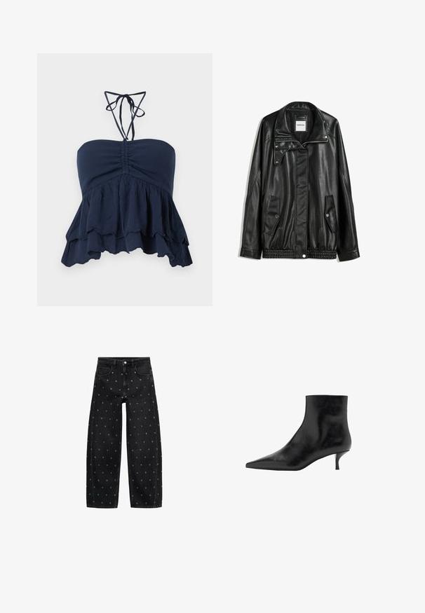 Črna usnjena jakna z zadrgo spredaj, zapiranjem na gumb, dvema stranskima žepoma in elastičnim robom. Ima strukturiran ovratnik in gladko teksturo.; Temno modra breznaramnica z nabranim zgornjim delom, nabrano spodnjim robom in tankimi vrvicami. Mehka, teksturirana tkanina z ohlapnim krojem, primerna za običajno nošenje.; Črne široke kavbojke iz denima z vzorcem manjših srebrnih gromet, klasičnega pet-pocket dizajna in sprednjim zapiranjem na gumb.; Črne usnjene gležnjarje s koničastim nosom, ozkim petičem in gladko teksturo. Preprost dizajn, brez dekorativnih poudarkov.