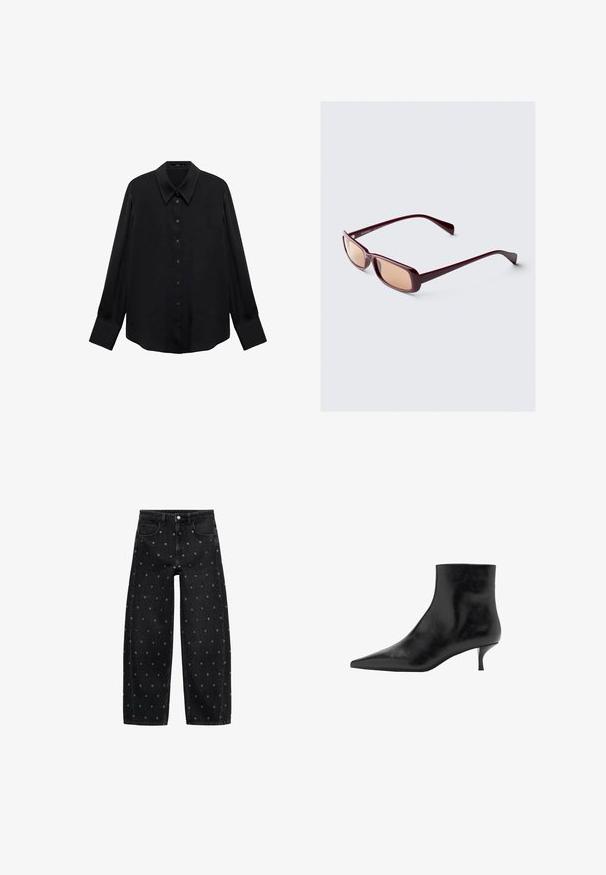 Giubbotto in pelle nera con zip frontale, chiusura a bottoni a pressione, due tasche laterali e orlo elasticizzato. Presenta un colletto strutturato e una texture liscia.; Camicia nera a maniche lunghe in tessuto morbido. Presenta un colletto sposato, chiusura con bottoni e orlo dritto. Nessun motivo o dettaglio visibile.; Jeans a gamba larga in denim nero con un motivo di piccoli occhielli in argento, dotati di un classico design a cinque tasche e chiusura con bottone.; Stivale alla caviglia in pelle nera con punta affusolata, tacco a kitten slim e superficie liscia. Design semplice, senza decorazioni.; Occhiali da sole bordeaux con montatura rettangolare, lenti sfumate e aste eleganti. Il materiale ha una finitura liscia e lucida.
