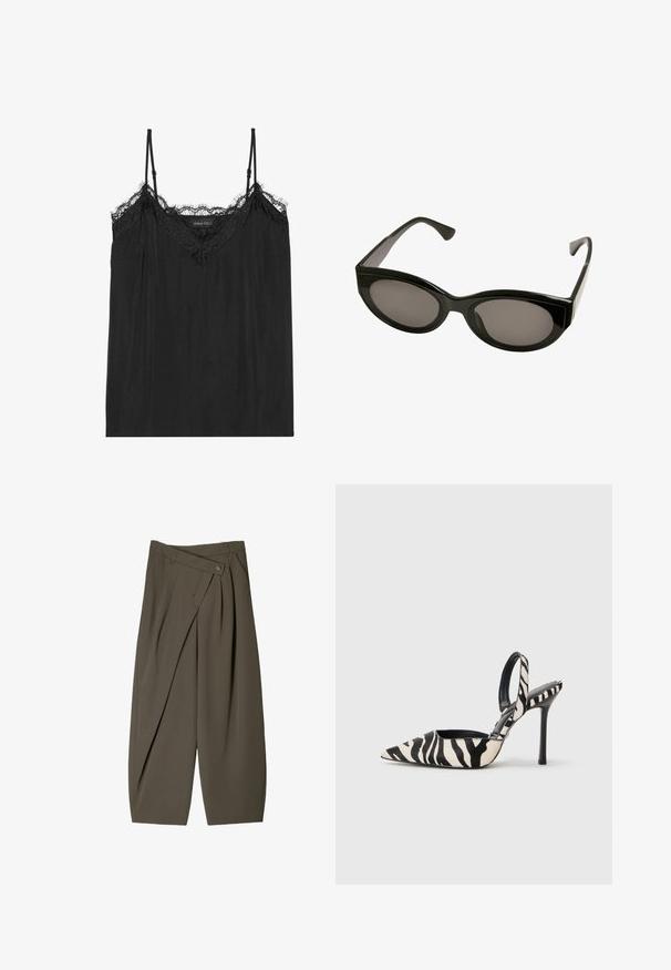 Czarna skórzana kurtka z zamkiem błyskawicznym z przodu, z zapięciem na napy, dwoma bocznymi kieszeniami i elastycznym dołem. Ma wyprofilowany kołnierz i gładką teksturę.; Czarna koszulka na ramiączkach z regulowanymi spaghetti, zdobiona falbaniastym koronkowym wykończeniem przy dekolcie oraz luźnym, miękkim materiałem.; Szerokie spodnie w ciemnooliwkowym kolorze, z plisowanym przodem, z zapięciem na guzik oraz polerowaną, teksturowaną powierzchnią.; Czółenka ze zwężonym przodem w czarno-kremowy wzór zebry, z cienkim wysokim obcasem i otwartym tyłem, z czarnym wnętrzem.; Czarne okulary przeciwsłoneczne o błyszczącym wykończeniu, owalnych soczewkach i kanciastych oprawkach. Projekt charakteryzuje się grubymi zausznikami i smukłą sylwetką.; Brązowa skórzana torebka z okrągłym uchwytem, subtelną fakturą i złotymi detalami; zawiera odpinany pasek na ramię oraz metkę.
