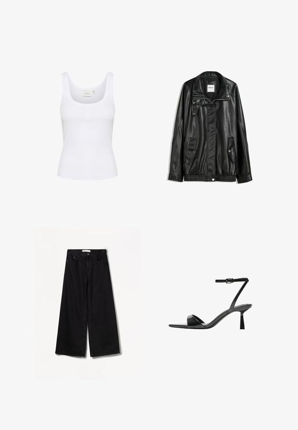 Zwarte leren jas met rits aan de voorkant, drukknopen-sluiting, twee zijzakken en elastische onderrand. Beschikt over een gestructureerde kraag en een gladde textuur.; Witte mouwloze tanktop van ribstof. Heeft een ronde halslijn en een subtiel logo in het midden. Eenvoudig, aansluitend ontwerp.; Bershka WIDE-LEG - Wide leg - black; Bershka Sandalen met hoge hak - black