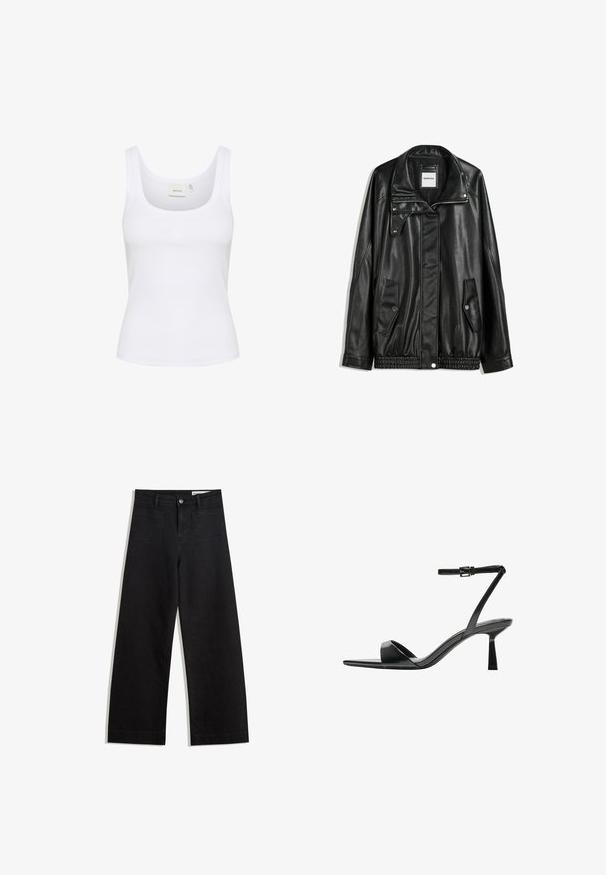 Čierna kožená bunda s predným zipsom, skladacím zapínaním, dvoma bočnými vreckami a elastickým spodným okrajom. Má štruktúrovaný golier a hladkú textúru.; Biely bezrukávový top vyrobený z rebrovaného materiálu. Má okrúhly výstrih a jemné logo v strede. Jednoduchý, priliehavý dizajn.; Čierne denimové nohavice s širokými nohavicami a vysokým pásom, so prednými a zadnými vreckami, šitými švami a zapínaním na gombík. Hladká textúra.; Bershka Sandále na vysokom opätku - black