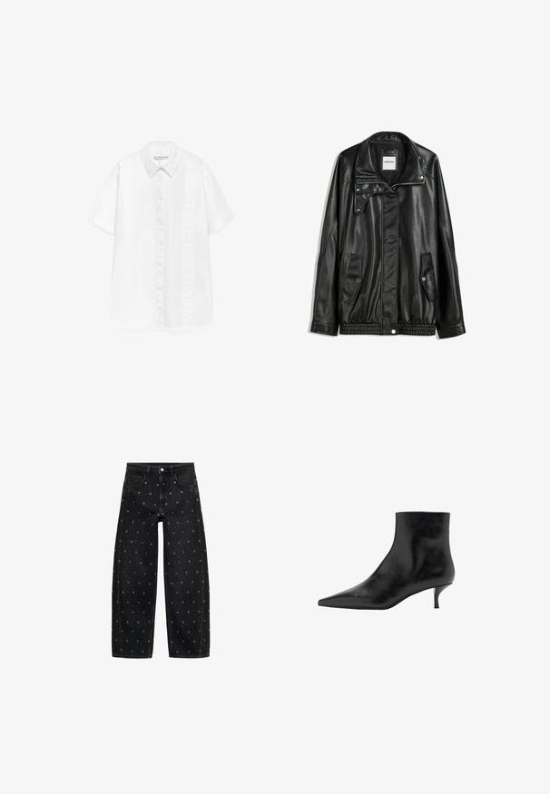Zwarte leren jas met rits aan de voorkant, drukknopen-sluiting, twee zijzakken en elastische onderrand. Beschikt over een gestructureerde kraag en een gladde textuur.; ADOLFO DOMINGUEZ Overhemdblouse - white; Zwarte denim wide-leg jeans met een patroon van kleine zilveren oogjes, met een klassieke vijf-pocket design en een knoopsluiting aan de voorkant.; Zwarte leren enkelboot met een puntige neus, slanke kittenhak en een gladde textuur. Eenvoudig ontwerp, geen decoratieve accenten.
