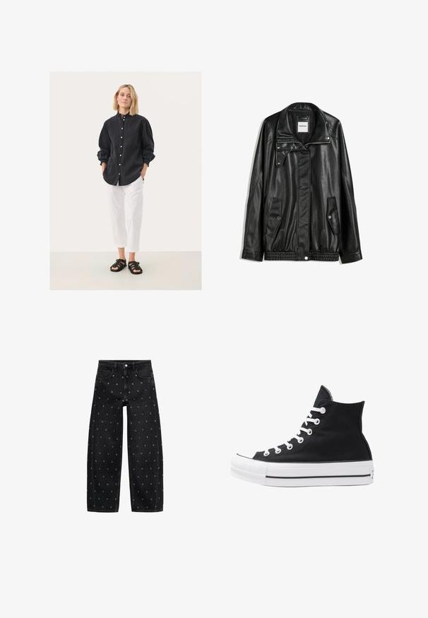 Schwarze Lederjacke mit Reißverschluss vorne, Knopfverschluss, zwei seitlichen Taschen und elastischem Saum. Verfügt über einen strukturierten Kragen und eine glatte Textur.; Schwarze Hemdbluse mit gerafften Ärmeln, kombiniert mit weißen, lässigen Hosen und schwarzen Riemchensandalen. Einheitlicher Hintergrund.; Schwarze Jeans mit weitem Bein aus Denim, verziert mit einem Muster aus kleinen silbernen Ösen, klassischem Fünf-Taschen-Design und Knopfverschluss vorne.; Schwarze High-Top-Canvas-Sneaker mit weißen Ösen, Schnürsenkeln und Gummisohle. Verfügt über eine strukturierte Zehenkappe und schwarz-weiße Streifenakzente.