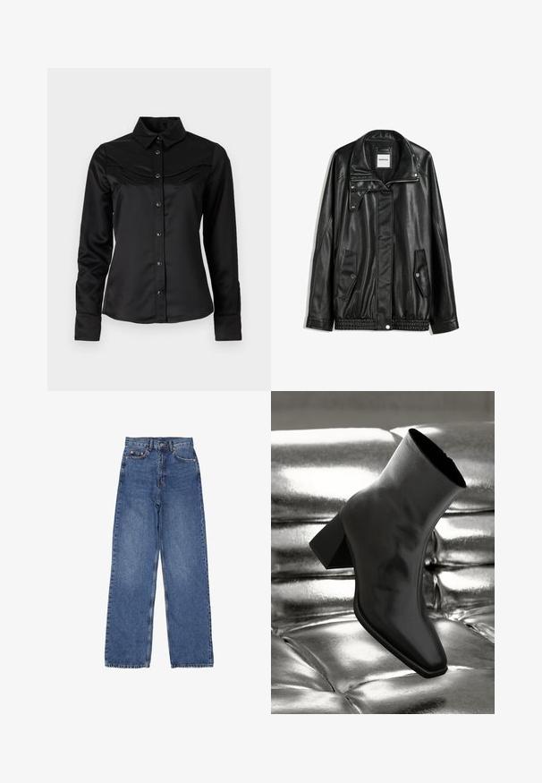 Giubbotto in pelle nera con zip frontale, chiusura a bottoni a pressione, due tasche laterali e orlo elasticizzato. Presenta un colletto strutturato e una texture liscia.; Camicia nera in satin con bottoni sul davanti, colletto a punta e yoke in stile western con due tasche sul petto. Maniche lunghe con polsini.; Jeans in denim con vita alta e gambe larghe, caratterizzati da un classico lavaggio blu, cuciture visibili e dettagli metallici sulla tasca frontale.; Stivale alla caviglia nero realizzato in materiale lucido con punta quadrata e tacco affusolato, posizionato su uno sfondo argentato lucido con imbottiture a sfera.
