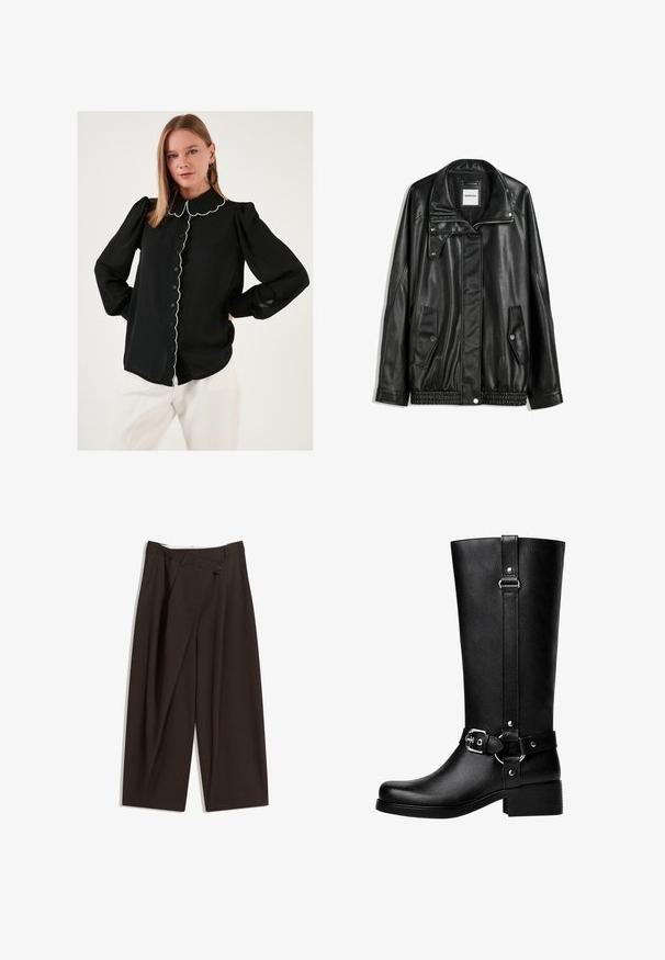 Czarna skórzana kurtka z zamkiem błyskawicznym z przodu, z zapięciem na napy, dwoma bocznymi kieszeniami i elastycznym dołem. Ma wyprofilowany kołnierz i gładką teksturę.; Czarna bluzka z falbaniastym kołnierzykiem i białym wykończeniem, z przodem zapinanym na guziki, długimi, bufiastymi rękawami oraz lekkim materiałem. Noszona z białymi spodniami.; Ciemnobrązowe szerokie spodnie o wysokim stanie, z pojedynczym zapięciem na guzik i plisowanym przodem. Wykonane z lekkiego materiału.; Wysokie czarne buty z faux skóry, z okrągłym noskiem, detalem klamry na pasku oraz grubym obcasem. Gładka tekstura i pionowa szew na cholewie.