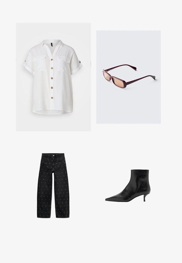 Zwarte leren jas met rits aan de voorkant, drukknopen-sluiting, twee zijzakken en elastische onderrand. Beschikt over een gestructureerde kraag en een gladde textuur.; Witte, korteblauss hem met kraag, twee borstzakken en decoratieve bruine knopen. Lichtgewicht stof, relaxte pasvorm.; Zwarte denim wide-leg jeans met een patroon van kleine zilveren oogjes, met een klassieke vijf-pocket design en een knoopsluiting aan de voorkant.; Zwarte leren enkelboot met een puntige neus, slanke kittenhak en een gladde textuur. Eenvoudig ontwerp, geen decoratieve accenten.; Bordeauxkleurige zonnebril met rechthoekige monturen, gradient lenzen en slanke armen. Het materiaal heeft een gladde, glanzende afwerking.; Zwarte leren handtas met een gladde textuur, gestructureerd ontwerp, dubbele hengsels en een zilveren sluiting in het midden.