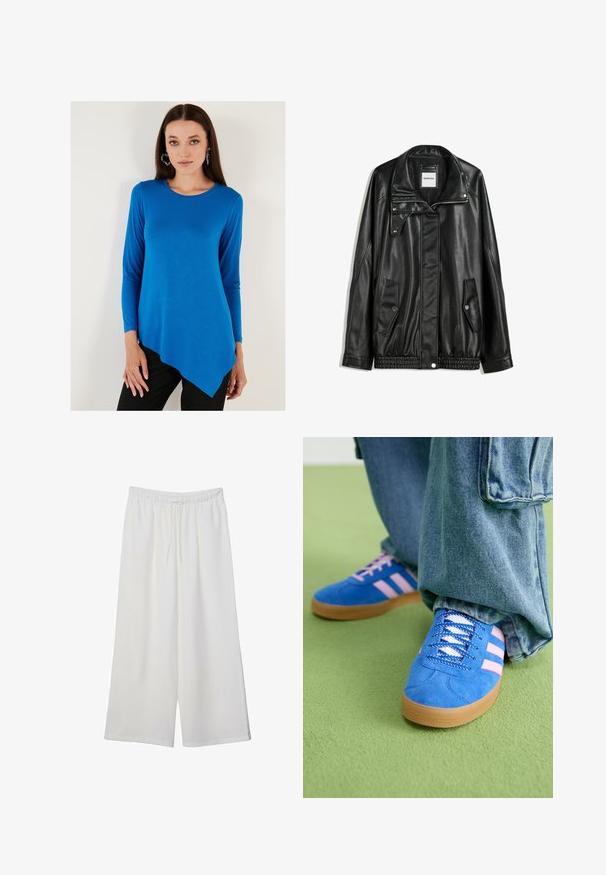 Černá kožená bunda s zipovým zapínáním, zapínáním na cvoky, dvěma bočními kapsami a elastickým lemem. Obsahuje strukturovaný límec a hladkou texturu.; Dlouhý rukáv vrchní díl v jasně modré barvě, s kulatým výstřihem a asymetrickým lemem. Materiál je hladký a mírně přiléhavý.; Bílé kalhoty s širokými nohavicemi vyrobené z lehké tkaniny, s elastickým pasem a stahovací šňůrkou pro nastavitelnou velikost. Hladká textura.; Modré semišové boty s růžovými pruhy a bílými tkaničkami, vybavené gumovou podrážkou, spárované s volnými džínovými kalhotami na zeleném povrchu.